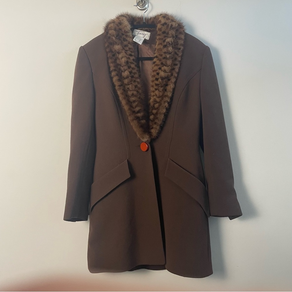 Vintage Terry Paris Wool Jacket with Genuine Fur Collar, Brown, Size 6